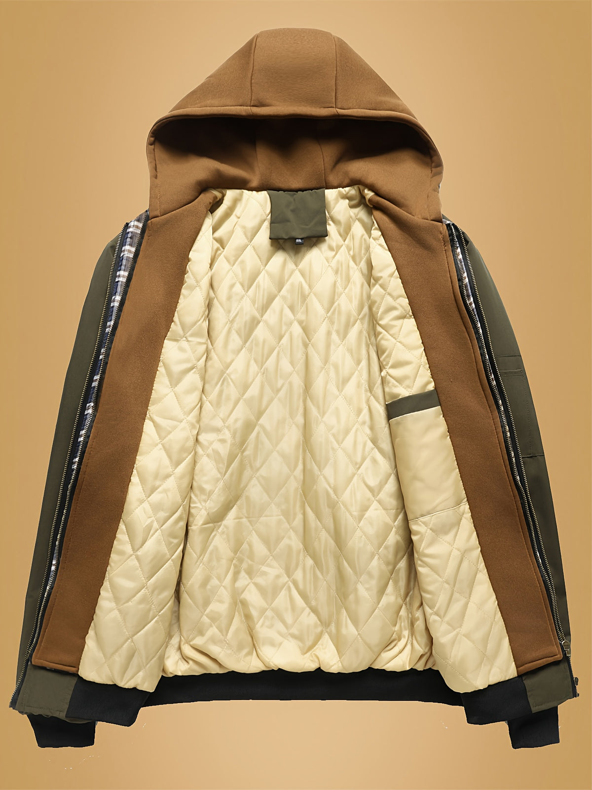 Veste pour homme, à carreaux, à capuche, kaki