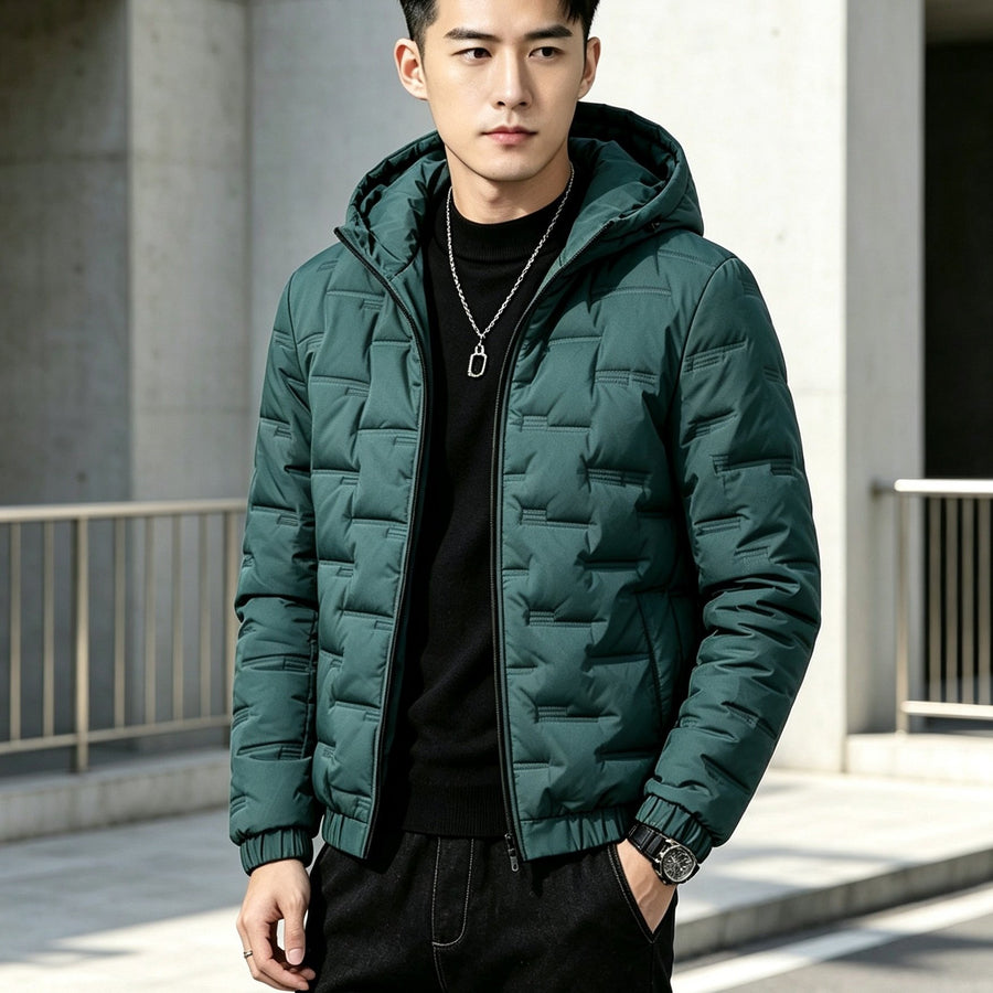 Manteau matelassé, imperméable, à capuche, coloris vert fougère, détail