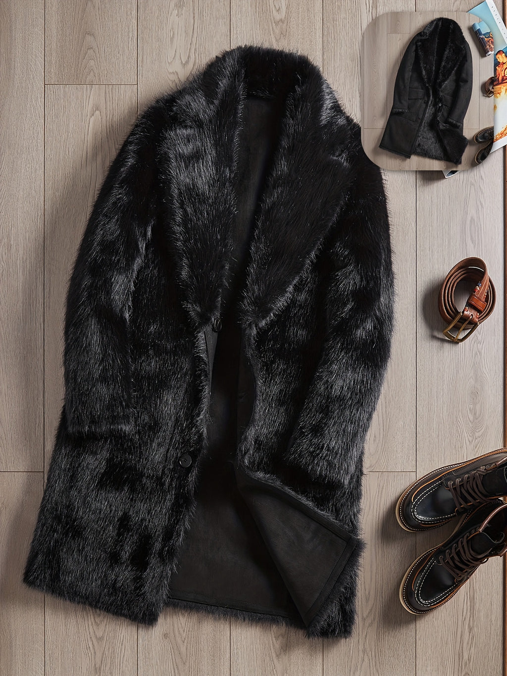 Manteau en fausse fourrure long pour homme, à revers, jaune marron