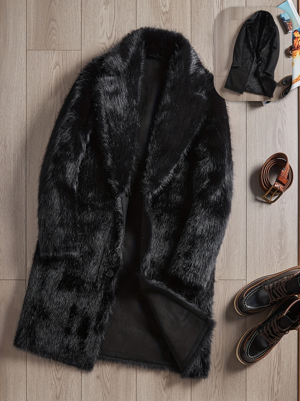 Manteau en fausse fourrure long pour homme, à revers, jaune marron