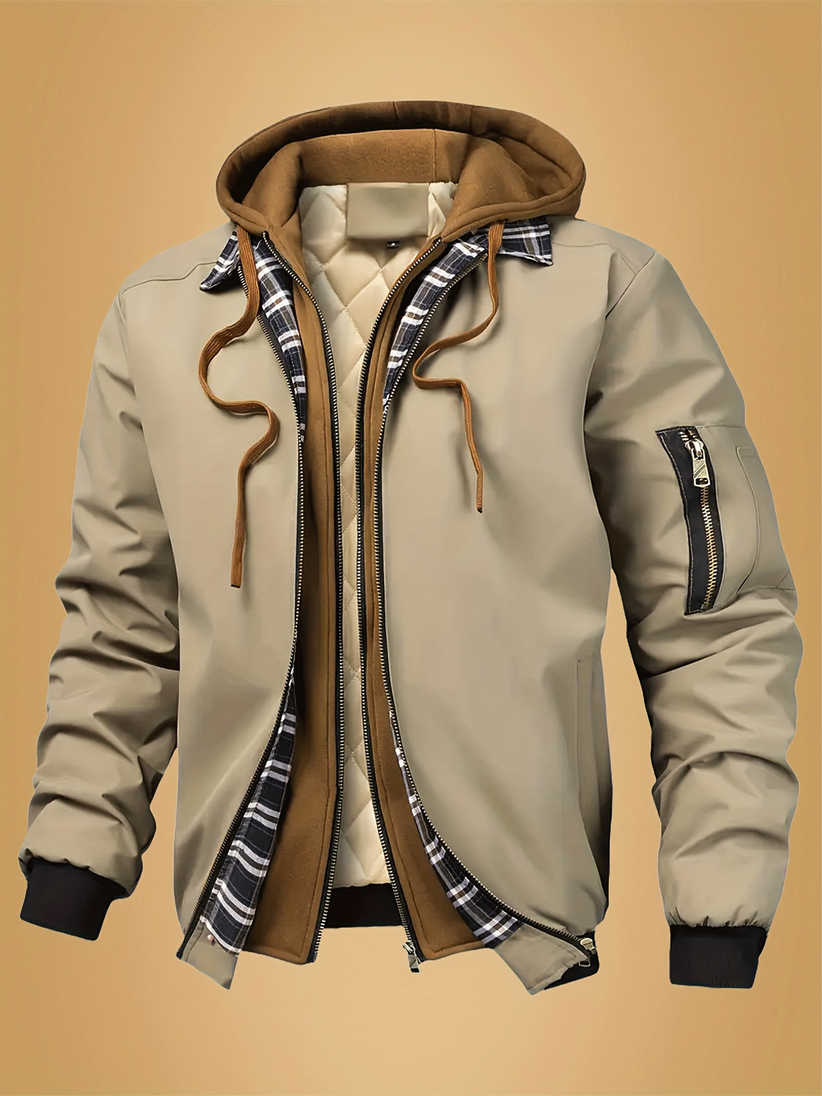 Veste pour homme, à carreaux, à capuche, kaki