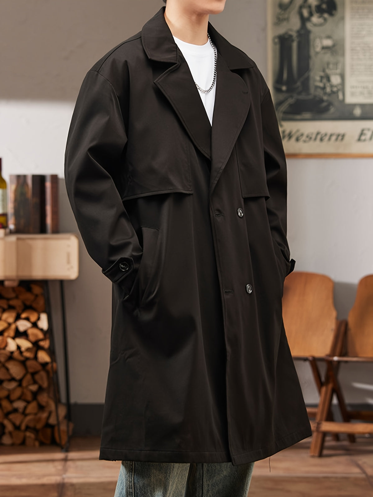 Trench mi-long pour homme, à revers