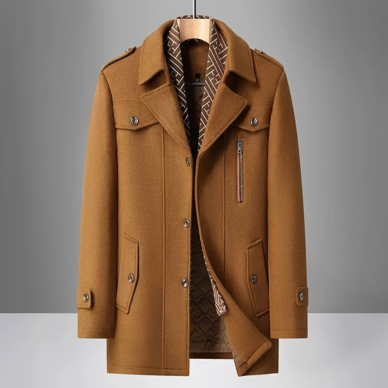Manteau trench en tweed pour homme, 30 % laine, col écharpe détachable