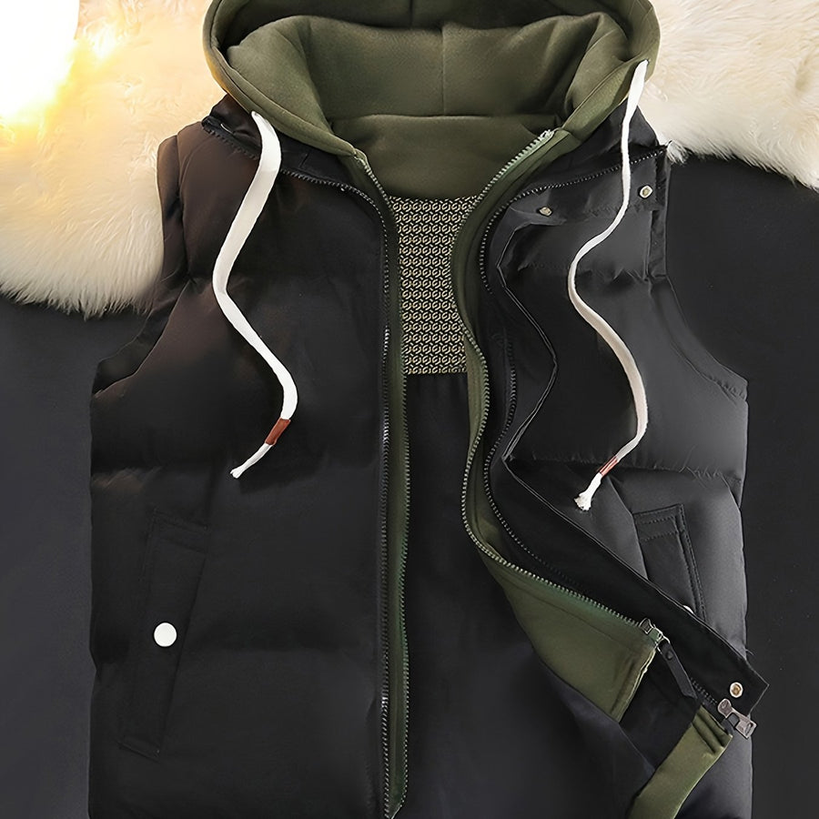 Gilet d'hiver chaud, design tendance sans manches aspect 2-en-1, capuche à cordon de serrage réglable, fermeture avant double ouverture par boutons-pression et fermeture éclair, poche de rangement pratique à insertion latérale, détails de bordu, coloris noir