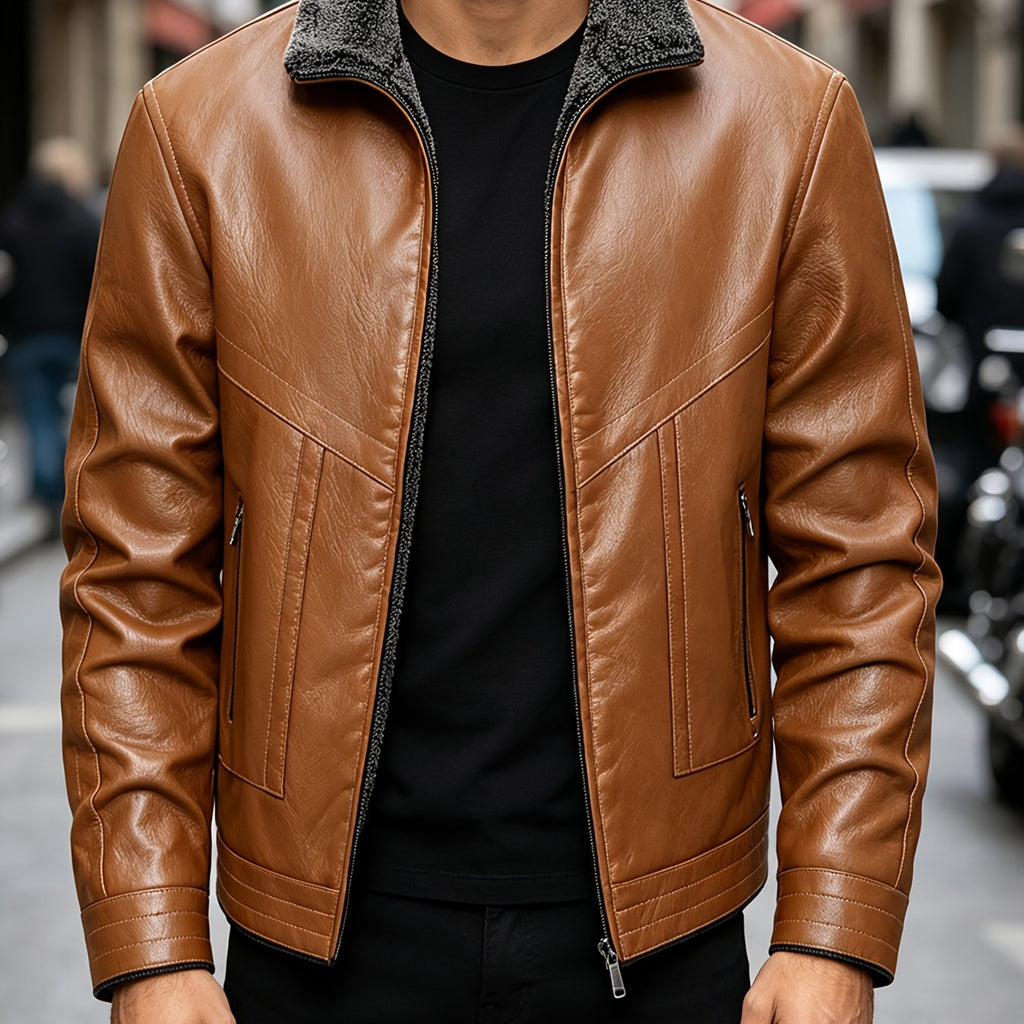 Veste en cuir PU, polaire, à revers, coloris brun jaunâtre, détail