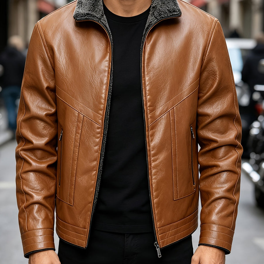 Veste en cuir PU, polaire, à revers, coloris brun jaunâtre, détail