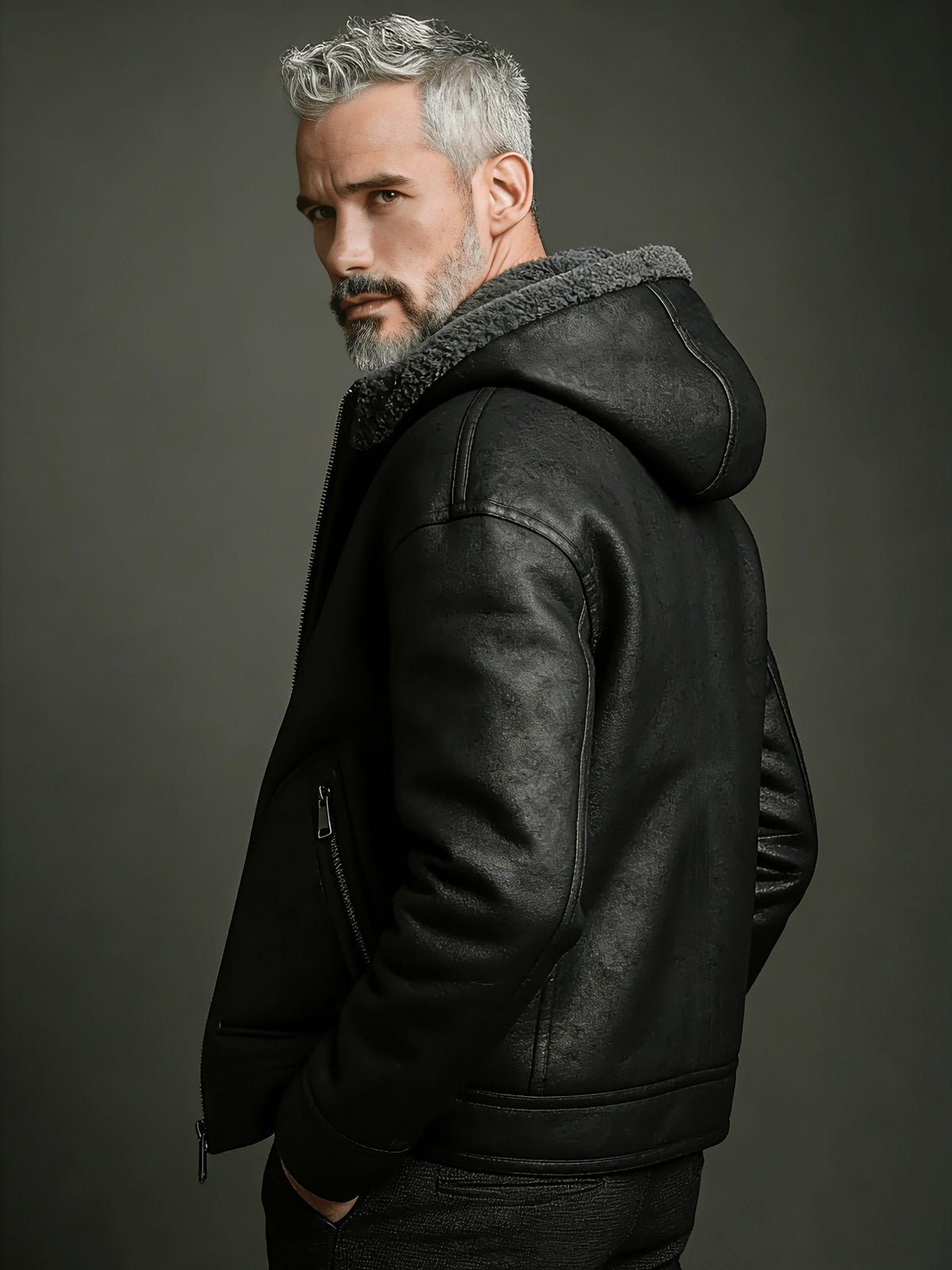 Manteau en fausse fourrure long pour homme, velours, à capuche