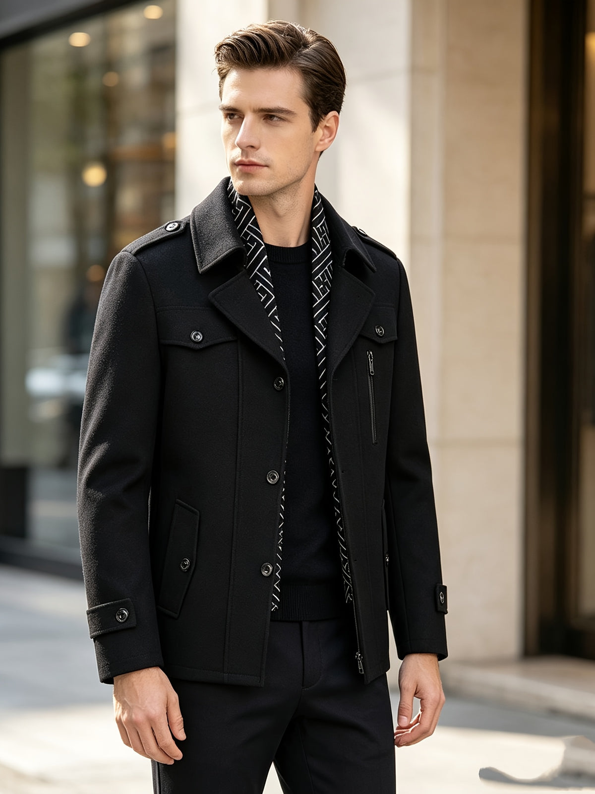Manteau trench en tweed pour homme, 30 % laine, col écharpe détachable
