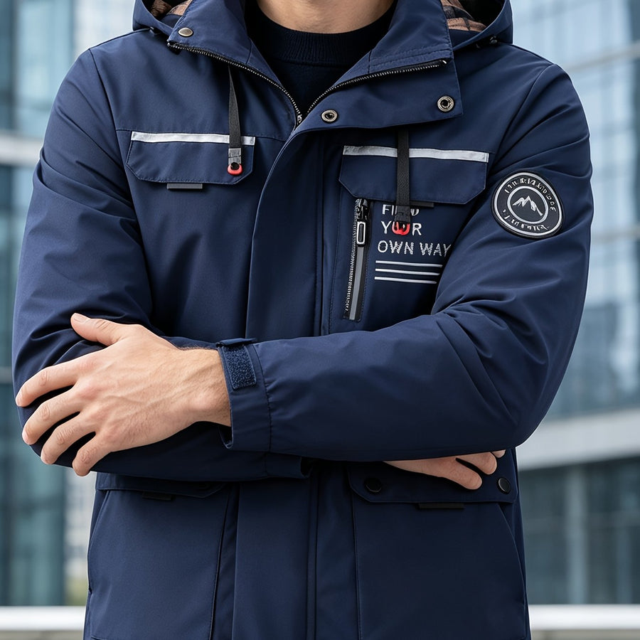 Veste, coupe-vent, à capuche, rouge brique, coloris bleu marine, détail