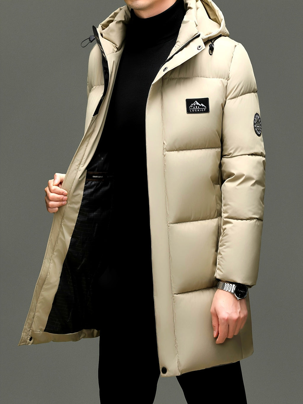Manteau matelassé long pour homme, à capuche, noir