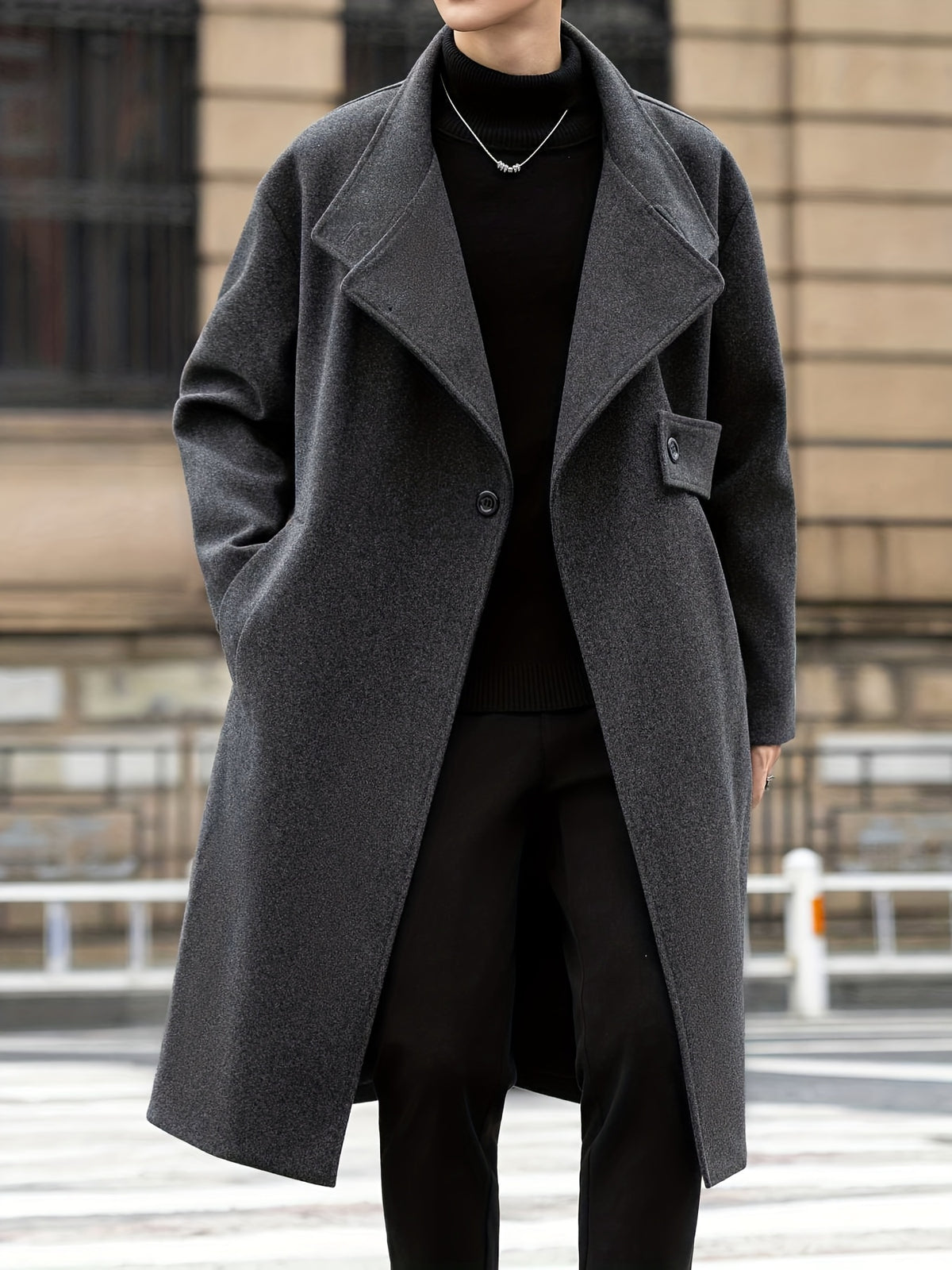 Trench mi-long pour homme, à revers, noir