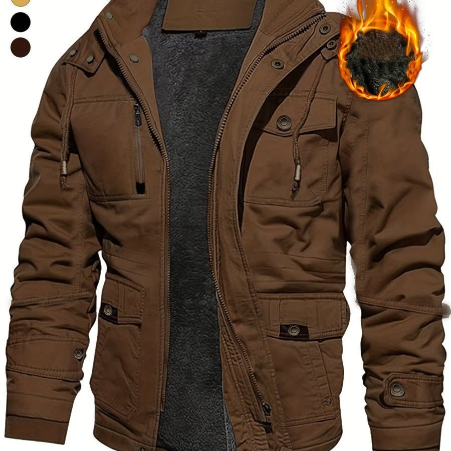 Veste mi-long, coupe-vent, à capuche, coloris café, détail