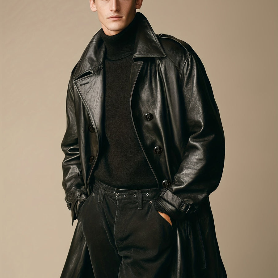 Manteau Trench Homme, Mi-Long, Nouveau Style Printemps/Automne, Design Classique à Double Boutonnage avec Ceinture, coloris noir, détail