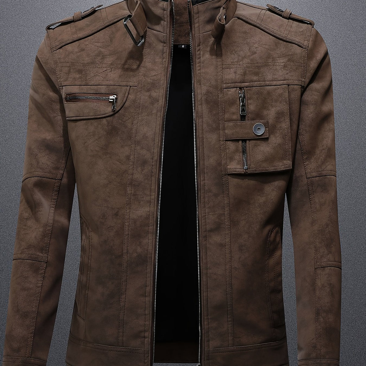 Veste en cuir PU, à col montant, noir, coloris couleur café, détail Image