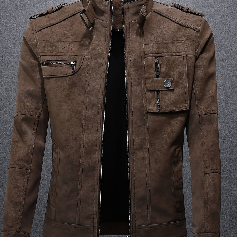 Veste en cuir PU, à col montant, noir, coloris couleur café, détail