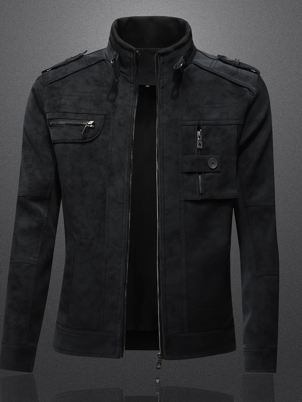 Veste en cuir PU, à col montant, noir