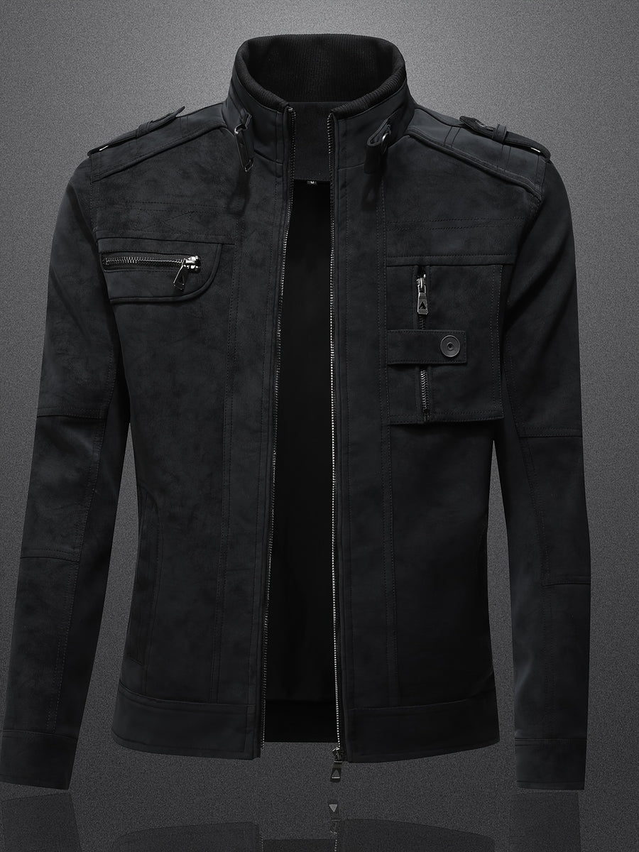 Veste en cuir PU, à col montant, noir