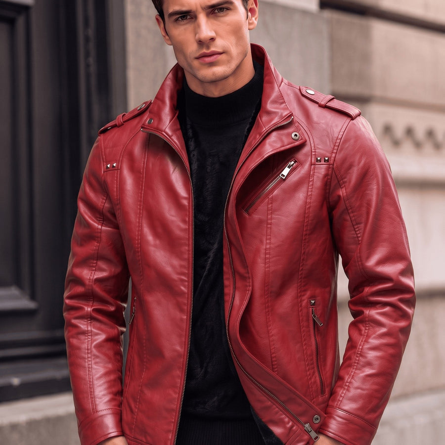 Veste en cuir PU longue, à col montant, coloris rouge