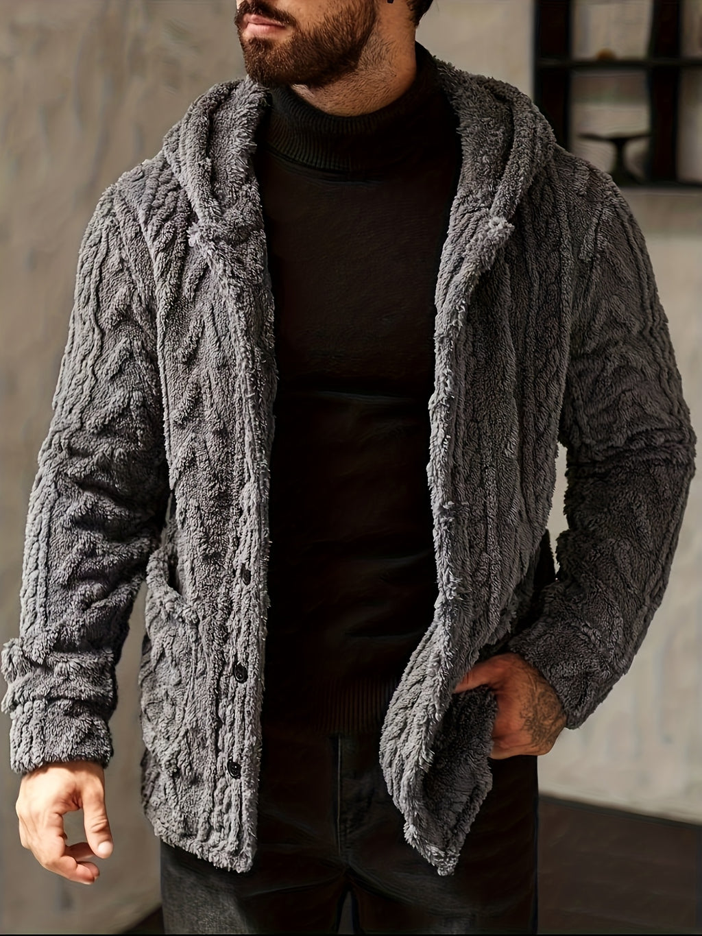 Veste en fausse fourrure pour homme, polaire, à capuche
