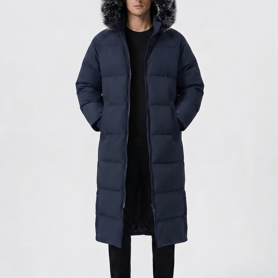 Manteau long, coupe-vent, à capuche, coloris couleur marine