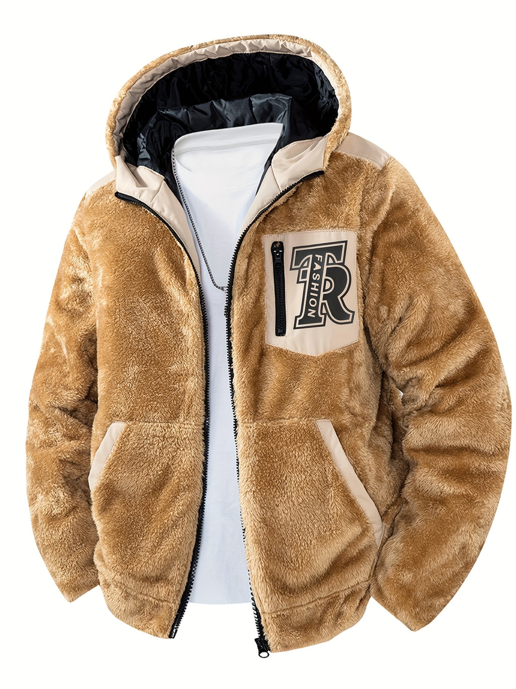 Veste pour homme, polaire, à capuche, brun jaunâtre