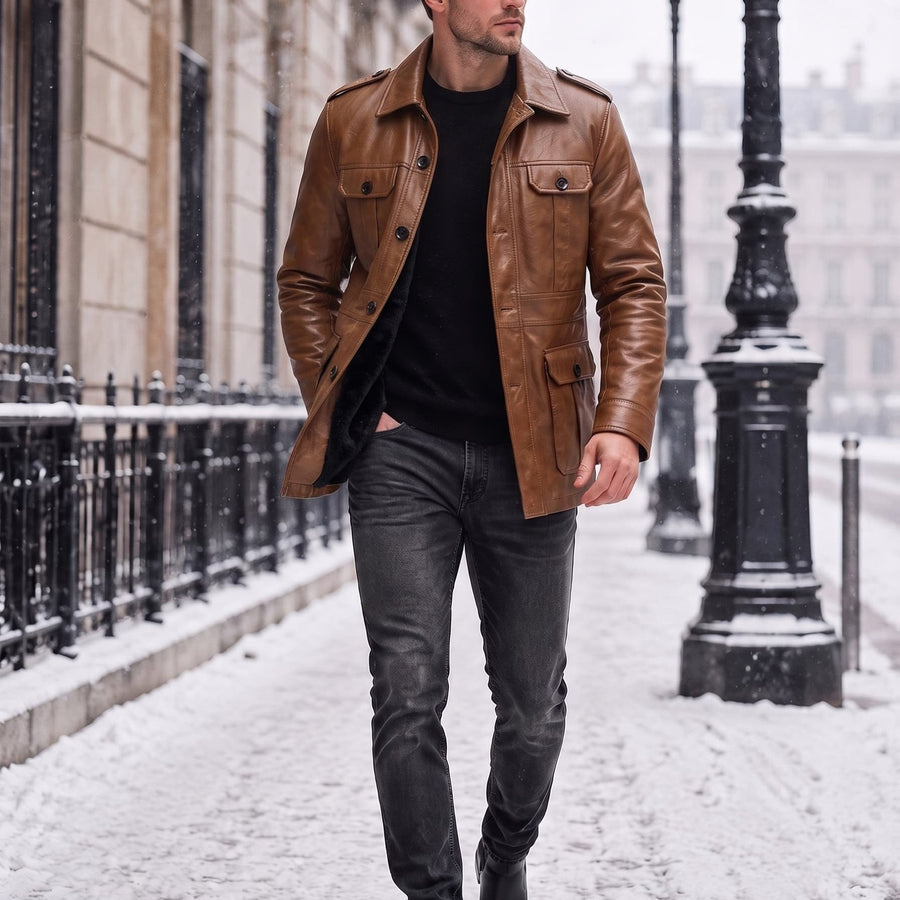 Veste en cuir PU longue, à revers, coloris kaki