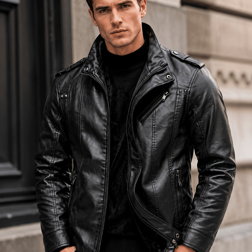 Veste en cuir PU longue, à col montant, coloris noir