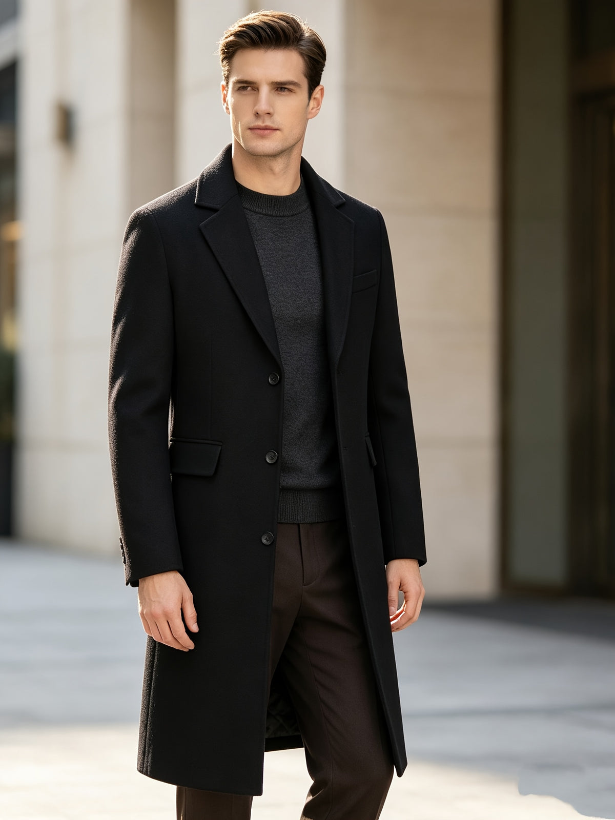 Manteau long pour homme en mélange de laine, col à revers