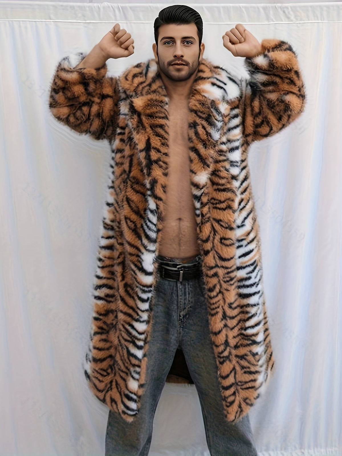 Manteau en fausse fourrure long pour homme, à revers, long