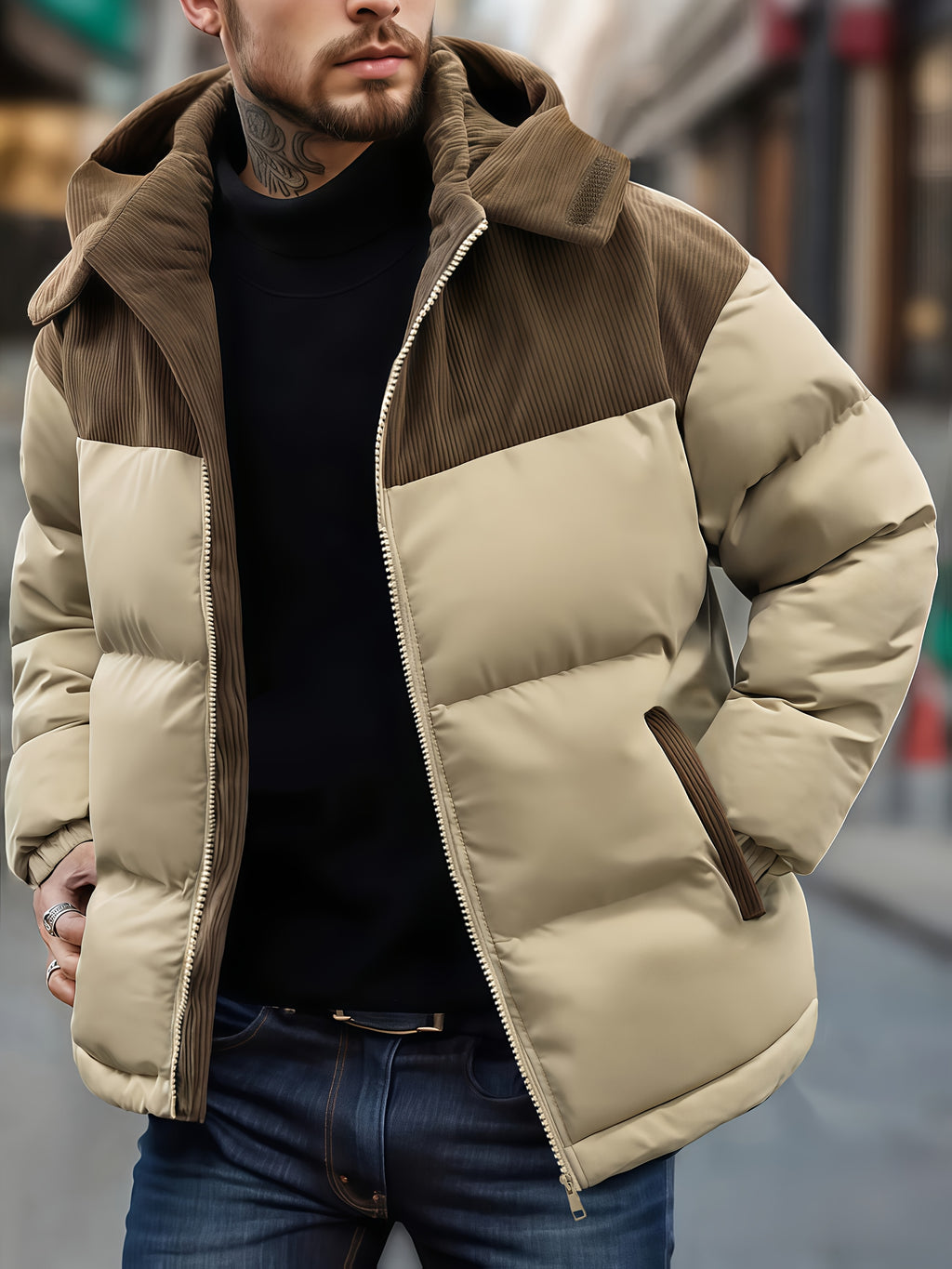 Manteau matelassé pour homme, capuche amovible, brun