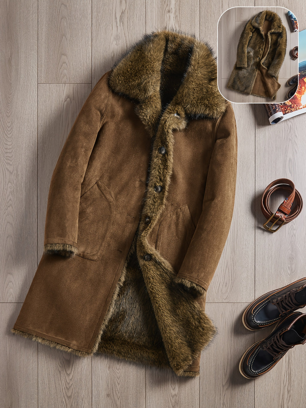 Manteau en fausse fourrure long pour homme, à revers