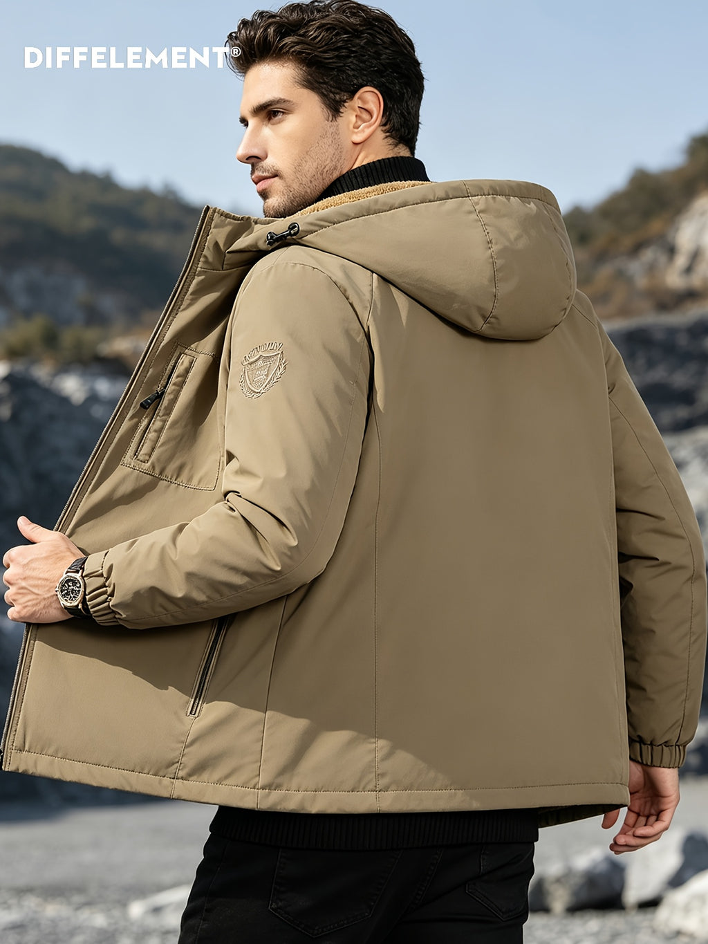 Veste pour homme, coupe-vent, à capuche, vert foncé