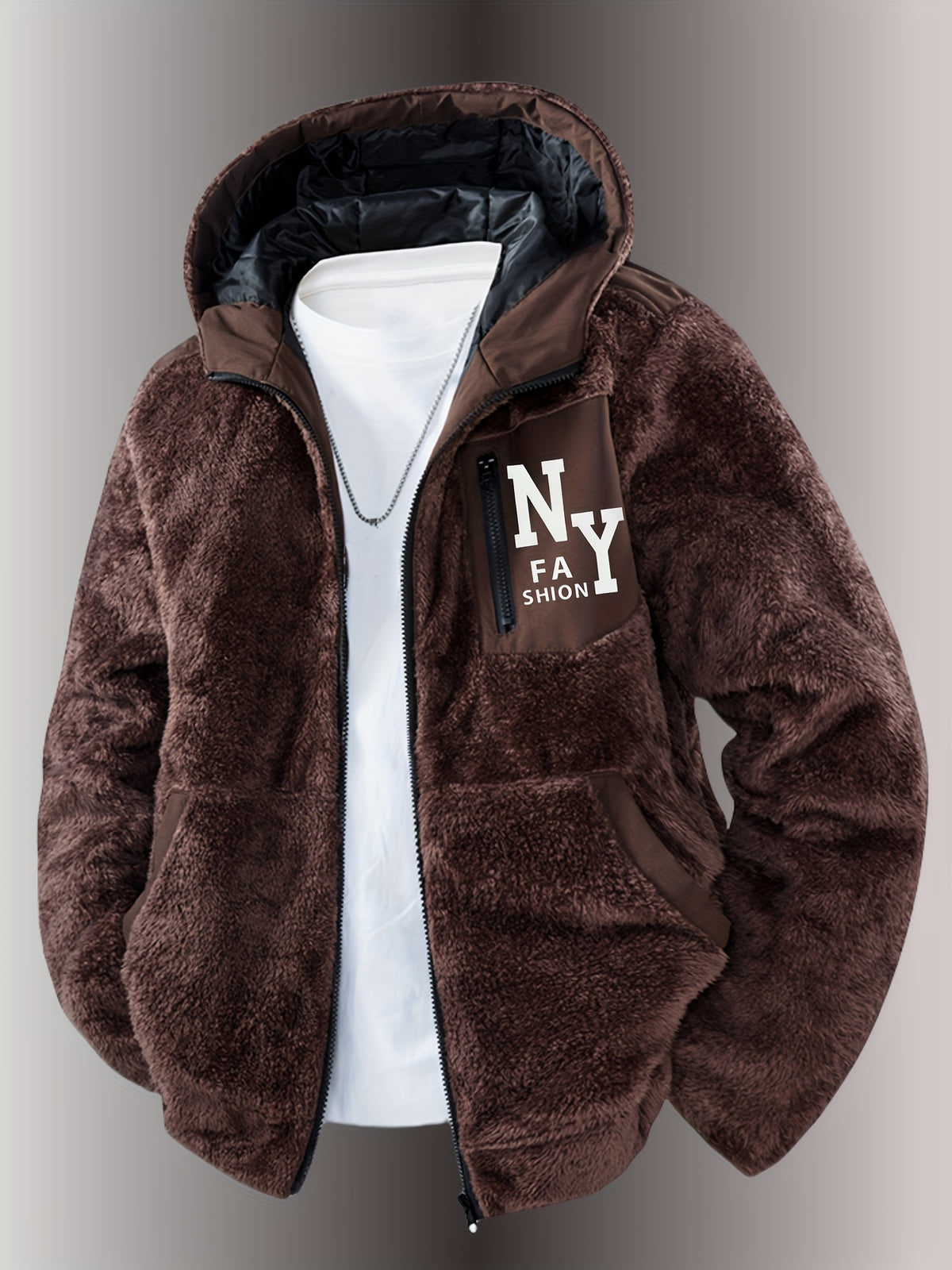 Veste en fausse fourrure pour homme, à capuche, kaki