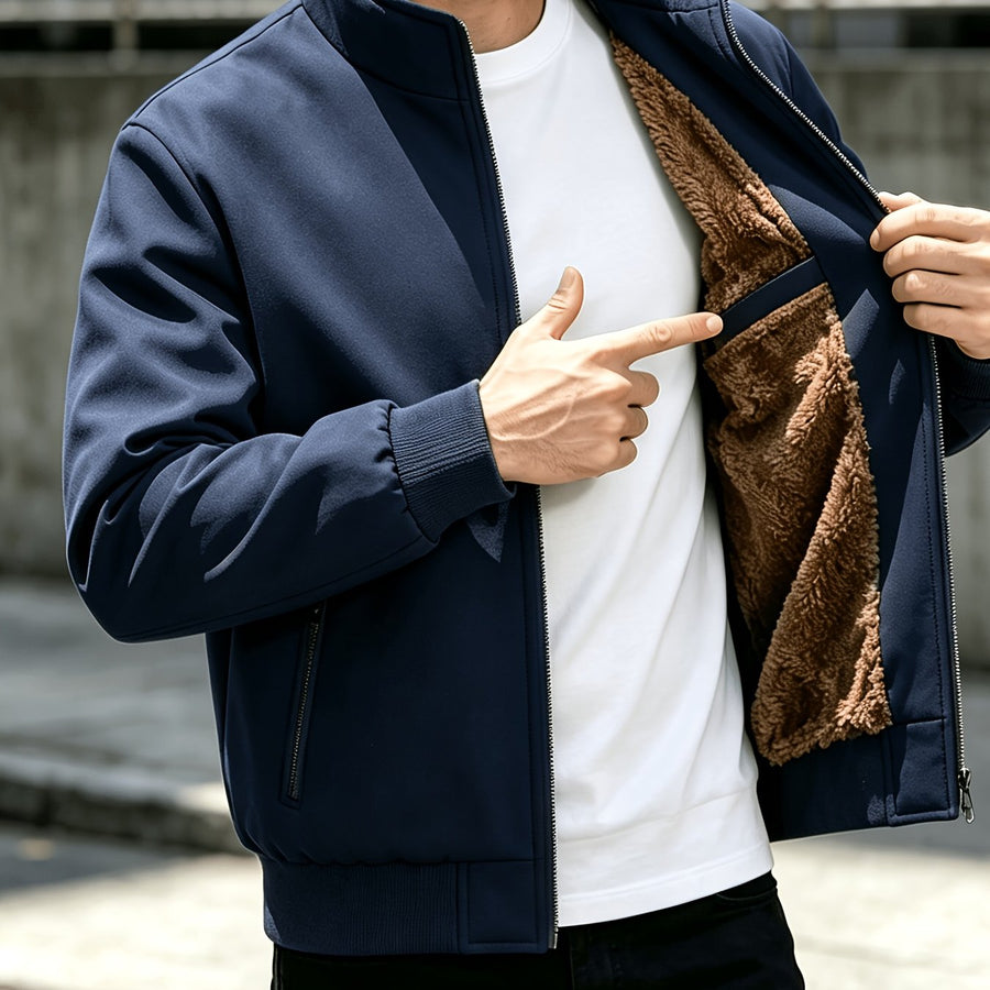 Veste, à col montant, brun jaunâtre, coloris couleur marine, détail
