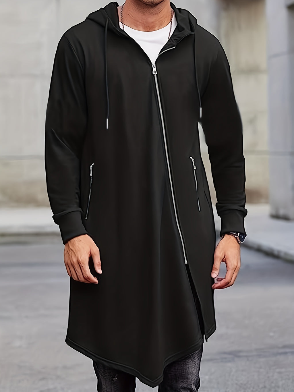 Manteau long pour homme, grandes tailles, à capuche, noir