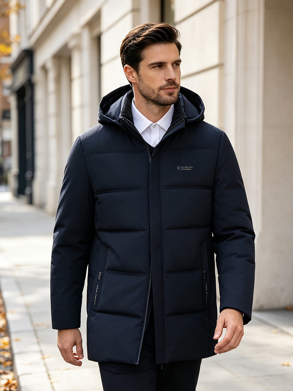 Manteau matelassé long pour homme, capuche amovible
