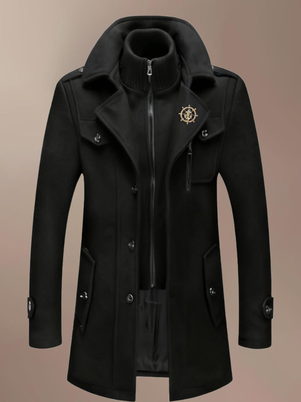 Manteau mi-long en laine pour homme, double col, fermeture éclair