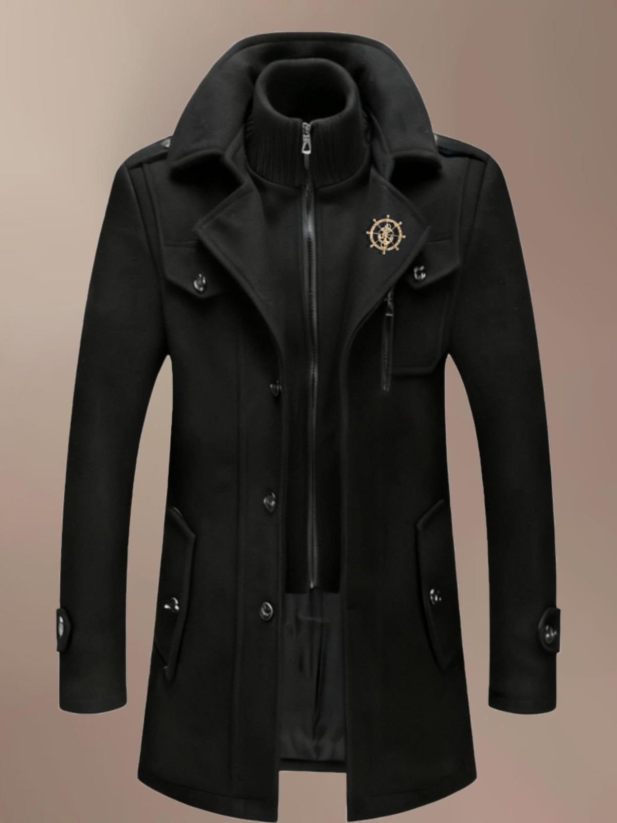 Manteau mi-long en laine pour homme, double col, fermeture éclair
