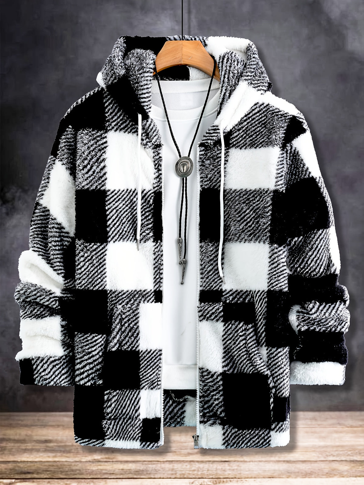 Veste pour homme, polaire, à capuche, carreaux noir et blanc
