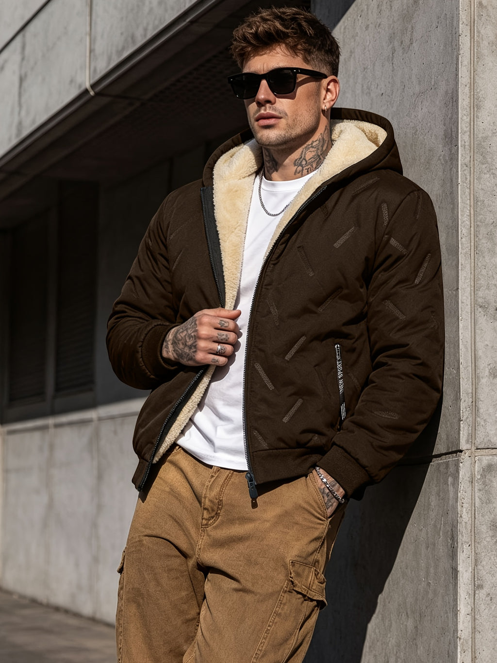 Veste matelassée pour homme, coupe-vent, à capuche, café