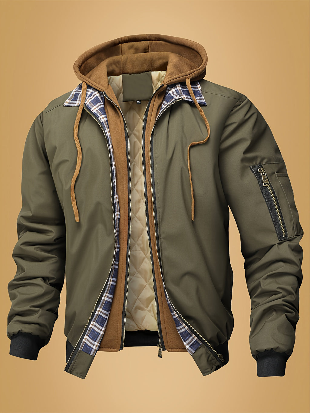 Veste pour homme, à carreaux, à capuche, kaki