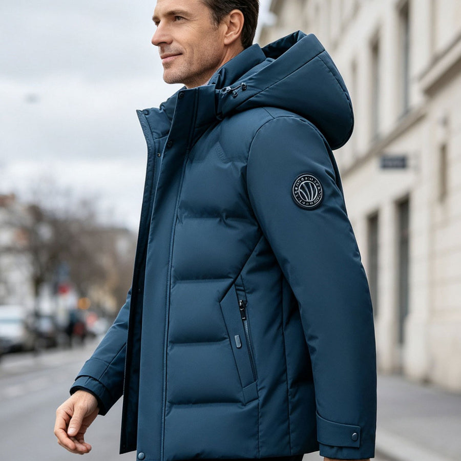 Veste matelassée, coupe-vent, à capuche, bleu vert, coloris bleu vert, détail
