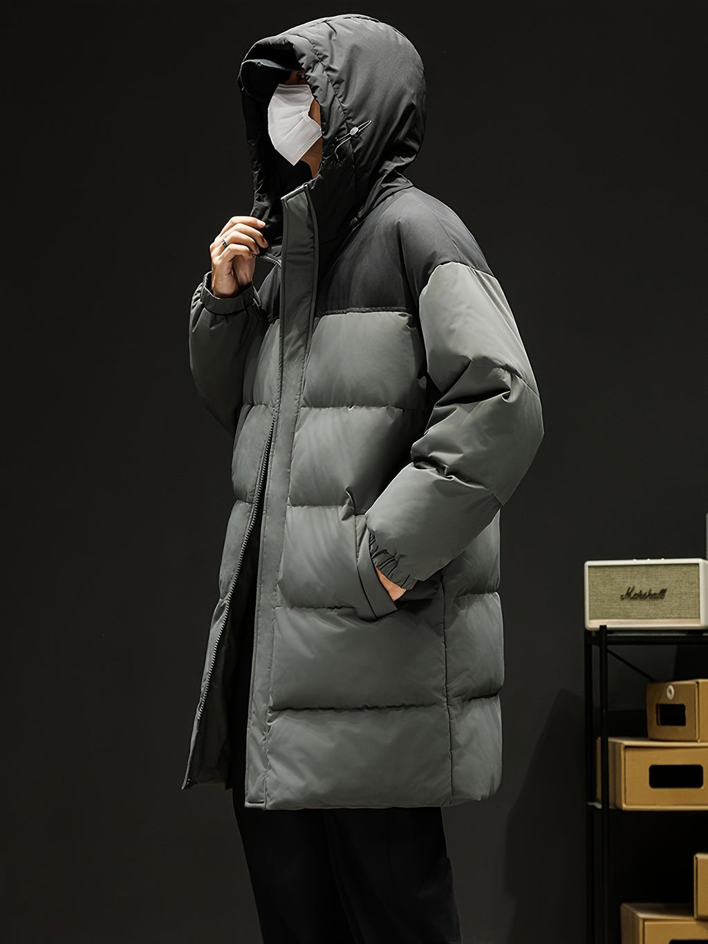 Manteau matelassé pour homme, à capuche, noir et blanc