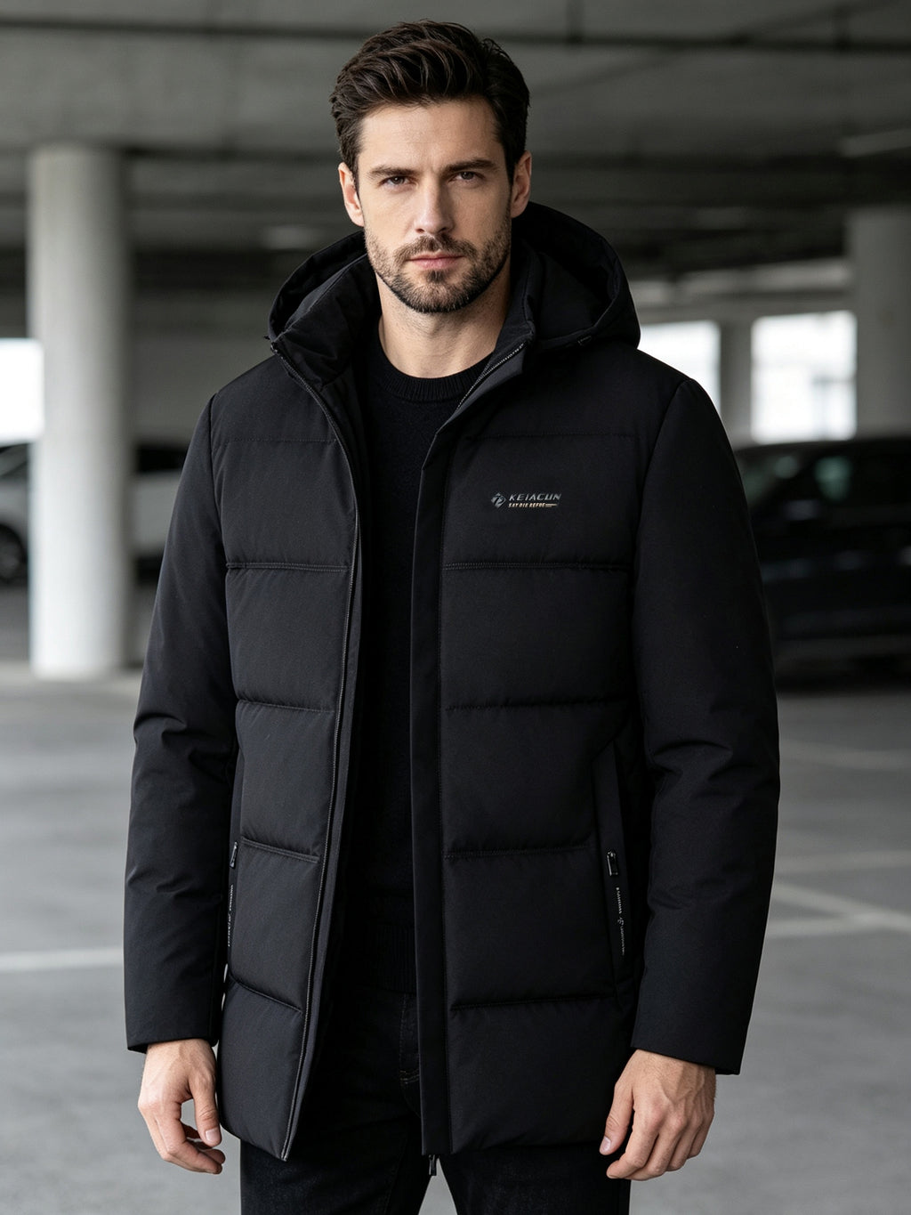 Manteau matelassé long pour homme, capuche amovible