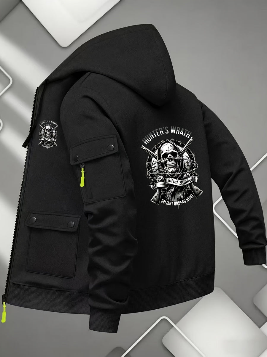 Veste long, à capuche, gris foncé, détail du vêtement