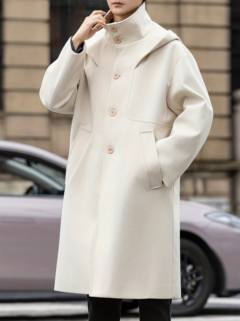 Trench long, à capuche, noir, détail du vêtement