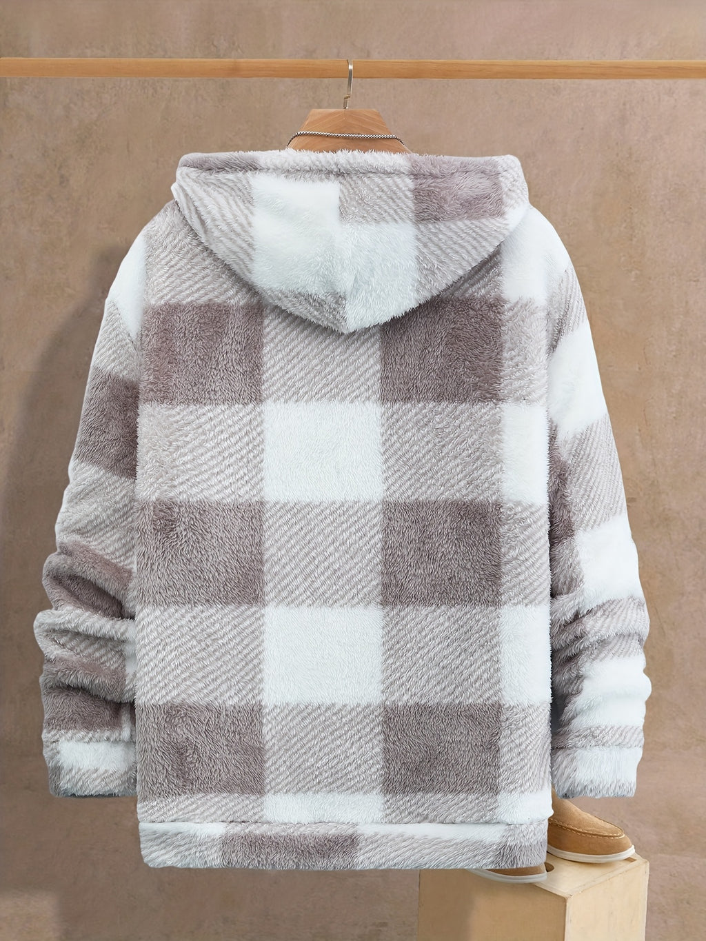 Veste pour homme, polaire, à capuche, carreaux noir et blanc