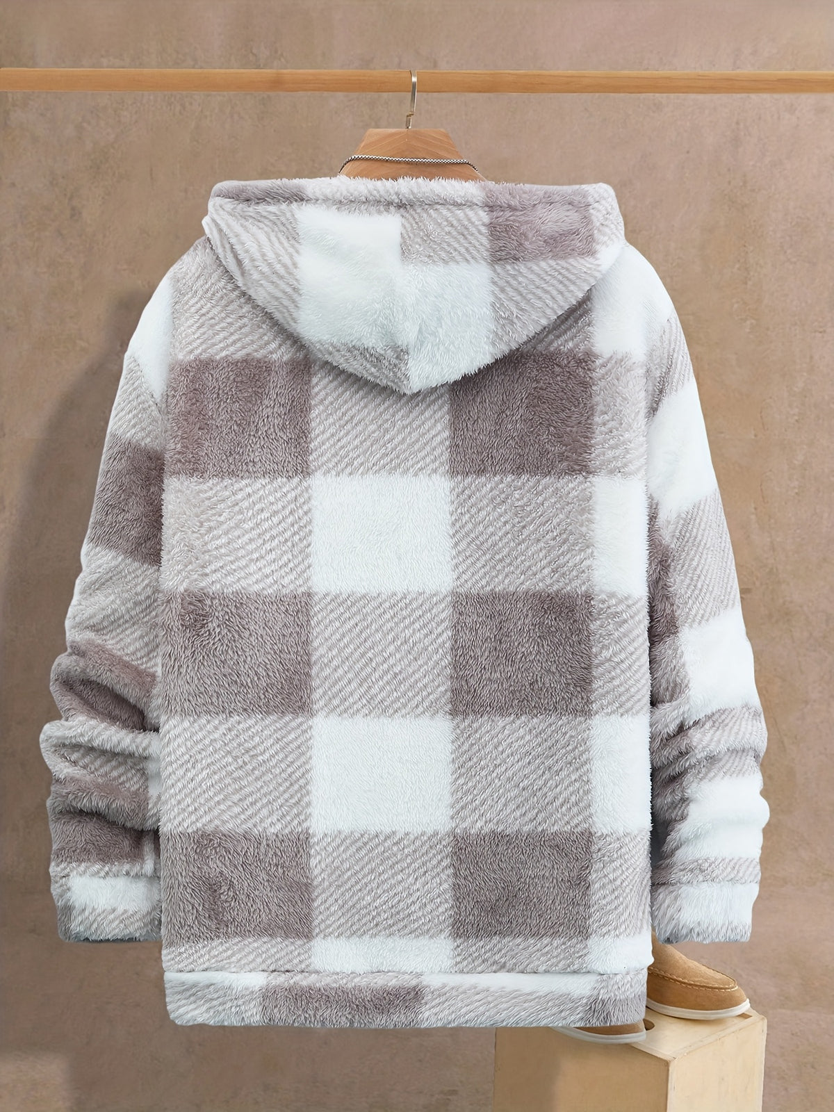 Veste pour homme, polaire, à capuche, carreaux noir et blanc