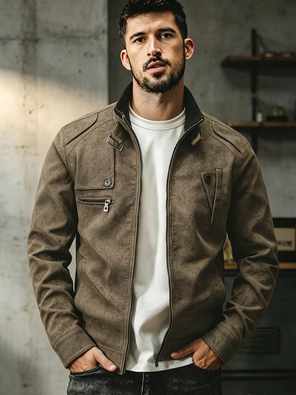 Veste, à col montant, brun
