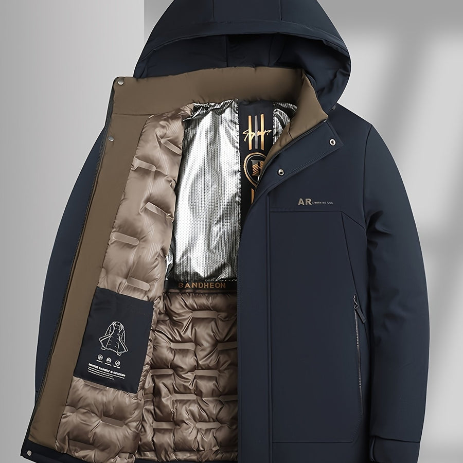 Manteau matelassé long, coupe-vent, à capuche, coloris bleu marine